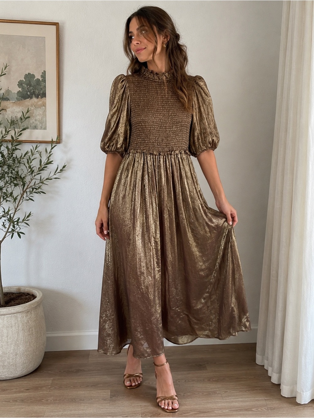 ANTHROPOLOGIE!THE ODELLS Elegant Metallic Burgundy Midi Dress Sz S